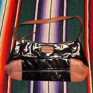 Kate Spade Black Patent Leather Shoulder Bag Brown Trim Y2K